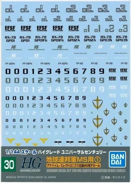 GUNDAM - GUNDAM DECAL 30 - HGUC Multiuse Earth Federation 1